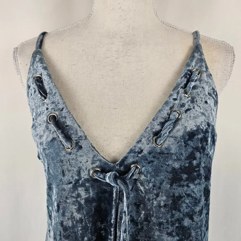 Emory Park Blue Shimmer Crushed Velvet Deep Tasseled V-Neck Stretch Mini Dress S - Picture 5 of 14